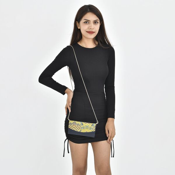 Seidenbrokat Clutch-Tasche aus echtem Leder mit RFID Schutz, 19.5x9.5x3cm, gelb image number 1