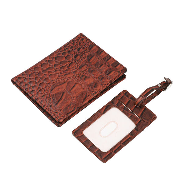2er Set - Reisepass-Etui aus 100% echtem Leder mit RFID Schutz, mit passendem Kofferanh&auml;nger, Krokopr&auml;gung, braun image number 0