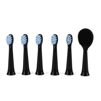 Ersatz-B&uuml;rstenk&ouml;pfe Set 6-teilig mit 5 Nylon-B&uuml;rsten und Silikon-Zungenreiniger kompatibel mit elektrischer Zahnb&uuml;rste gewellte Borstenstruktur f&uuml;r gr&uuml;ndliche Reinigung ABS Kunststoff, Schwarz