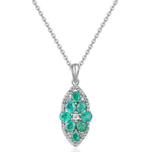 AAA Kagem sambischer Smaragd und Zirkon-floraler-Cluster-Anhänger mit Kette in Silber image number 0