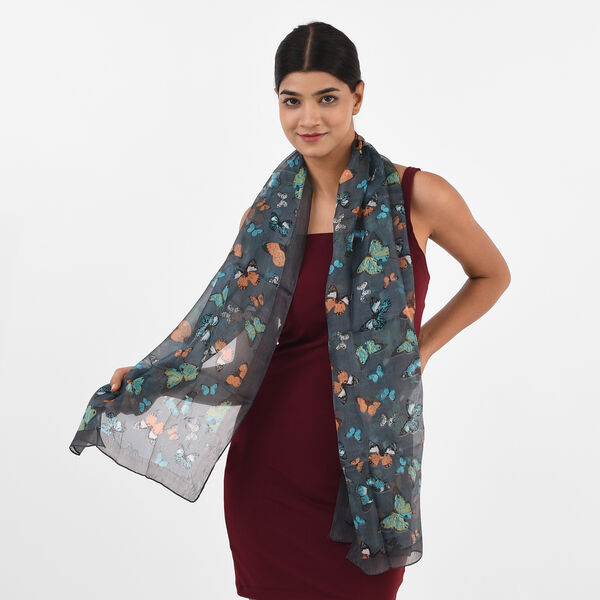 Bedruckter 100% Satin-Seidenschal, 48x160cm, Orange image number 3