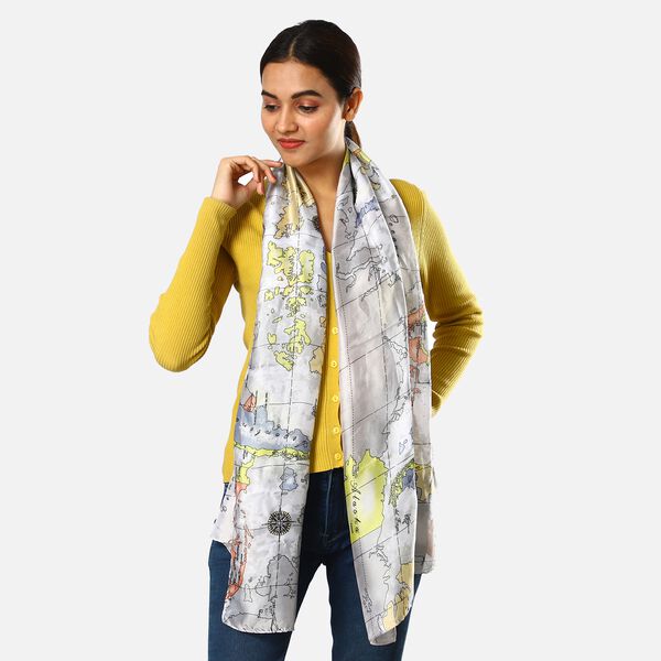 100% natürlicher Satin Seiden Schal, Weltkarte Muster, Weiß image number 2