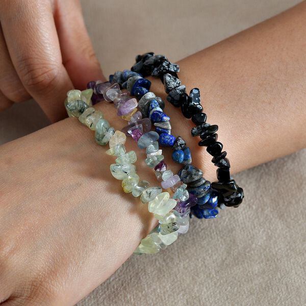 4er-Set - Flexible Prehnit, mehrfarbige Fluorit, Schneeflocken Glasachat und Lapislazuli-Armbänder - 325 ct. image number 3