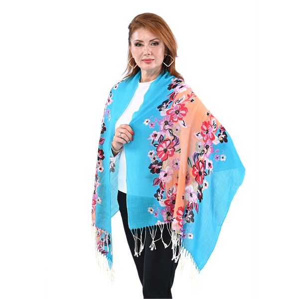 LA MAREY 100% Merino Wollschal mit Quasten, Blumenmuster, Gr&ouml;&szlig;e  67x176+9 cm, Blau image number 3