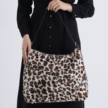 Fellimitat-Tragetasche Leopardenmuster, 46x11x35cm, Braun-Beige