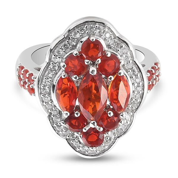 Mexikanischer Kirschfeuer-Opal und Zirkon Ring 925 Silber Platin-&Uuml;berzug