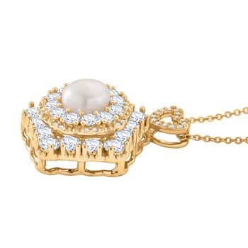 Wei&szlig;e S&uuml;&szlig;wasser Perle (8-10 mm), Wei&szlig;er Zirkonia Schmuckset ca. 50 cm + 5 cm Extender, Nickelfreies Messing, Reines Kupfer vergoldet