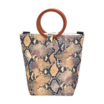 Handtasche mit Holzgriff, Schlangenhautmuster, Gr&ouml;&szlig;e 32x12x29cm, Schwarz und Gelb
