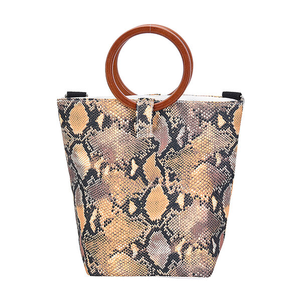 Handtasche mit Holzgriff, Schlangenhautmuster, Gr&ouml;&szlig;e 32x12x29cm, Schwarz und Gelb