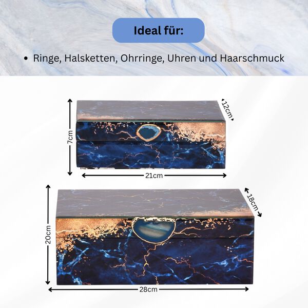 2er-Set Glas-Schmuckbox mit Marmormuster, 28x18x10cm (L) und 21x12x7cm (S), Blau image number 3