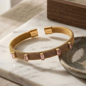 Rosa Kristall Armreif, flexibel (ca. 18-19 cm), 316L Edelstahl, goldfarben