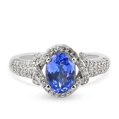 Tansanit und Zirkon-Ring, 925 Silber platiniert  ca. 1,80 ct