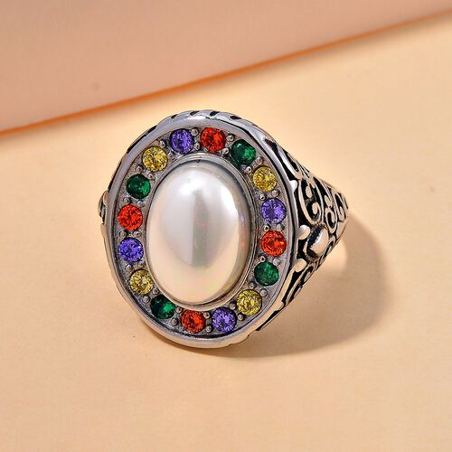 Mehrfarbiger Zirkonia, Weiße Muschelkernperle Ring Reiner Edelstahl (Größe 20.00) image number 1