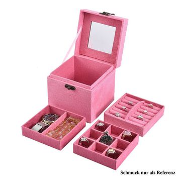 Schmuckk&auml;stchen aus Samt mit Spiegel, Schloss und Griff, 3 Ebenen, Rosa