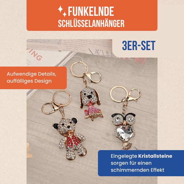3er-Set - Mehrfarbiger Kristall-Schlüsselanhänger, Hund, Bär und Eule image number 1