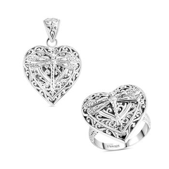 Royal Bali Kollektion - Herz Ring und Anh&auml;nger mit Libellenmotiv