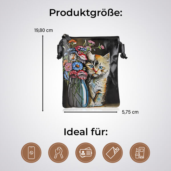 VIVID by SUKRITI Handbemalte Umh&auml;ngetasche aus echtem Leder, Schwarz, 15,75x19,80cm, Zwei Katzen image number 5