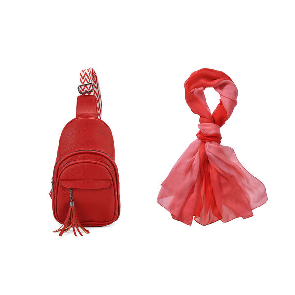 Rot PU Brusttasche und LA MAREY Ombre Chiffon Seiden Schal image number 0