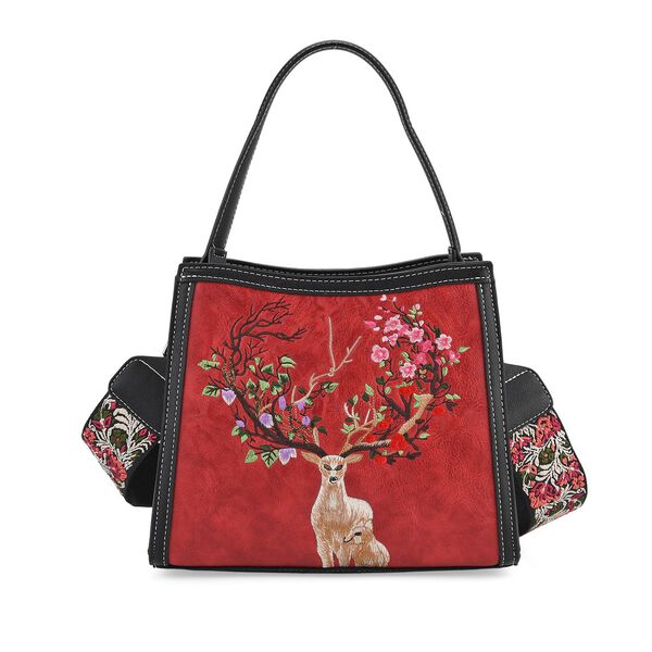 "PU Embroidered crossbody bag Color: Red  Size:  25*11*21cm   Wall: PU Lining: Polyester Exterior:zipped-1,pocket-1 Interior: zipped-2,slid-1 Long Shoulder strap:130cm " image number 0