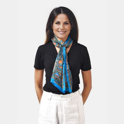 Eleganter Damenschal aus 100% Seide, knitterfrei, mit modernem Druckmuster, 48  x 160 cm, Meeresblau