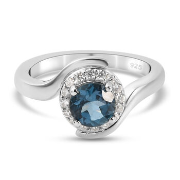 London Blau Topas und Zirkon Bypass Ring 925 Silber platiniert (Gr&ouml;&szlig;e 18.00) ca. 1,29 ct