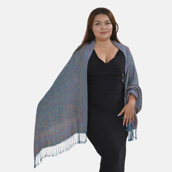 Jacquard Paisley-Schal mit Fransen, 170cm x 75cm, T&uuml;rkis image number 3