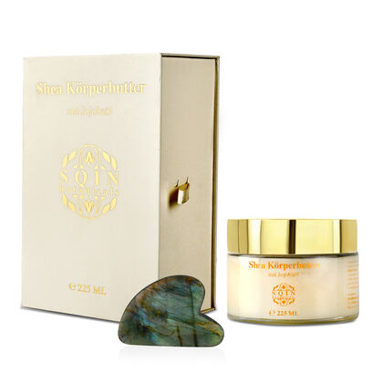 Shea K&ouml;rperbutter mit Jojoba&ouml;l inkl. Labradorit Gua Sha, 225 ml