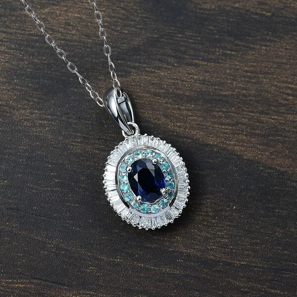 RHAPSODY zertifiziert und gepr&uuml;ft AAAA ceylonfarbener blauer Saphir, Paraiba Turmalin und VS Diamant Anh&auml;nger mit 45cm Kette in 950 Platin - 1,52 ct. image number 1
