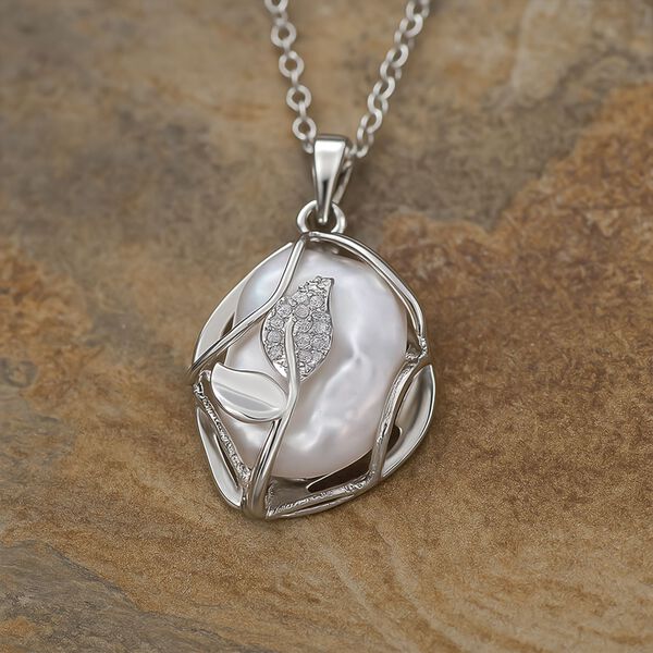 Wei&szlig;er S&uuml;&szlig;wasserperle und Zirkonia Anh&auml;nger mit 50+5cm Kette image number 2