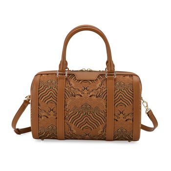 LA MAREY Brokat Crossbody Tasche aus Seide und Echtleder, 30x18x15cm, Braun