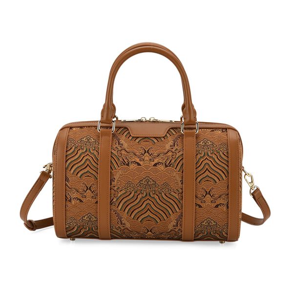 LA MAREY Brokat Crossbody Tasche aus Seide und Echtleder, 30x18x15cm, Braun