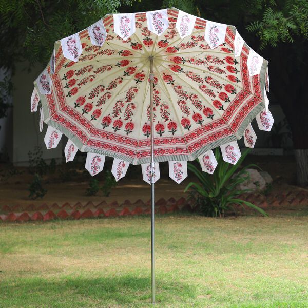 Sonnenschirm aus 100% Baumwolle mit Blockdruck, Blumen-Muster, Weiß-Rosa  image number 3