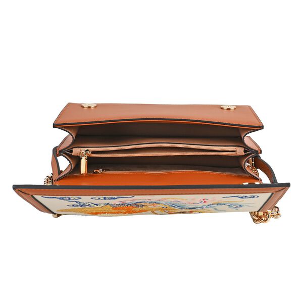 GRAND PELLE Umh&auml;ngetasche aus echtem Leder, Ph&ouml;nixstickerei, mit Kettenriemen, 22,5&times;9&times;13 cm, Braun image number 5