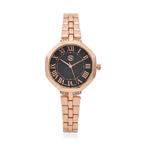 Strada - Kristall Uhr, japanisches Uhrwerk, Edelstahl in Ros&eacute;farbe, schwarz