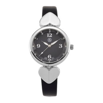 STRADA Uhr mit PC21S Japan-Uhrwerk, graues Zifferblatt, scwharzes Armband mit silberfarbenen Herz-Details