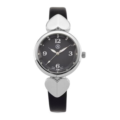 STRADA Uhr mit PC21S Japan-Uhrwerk, graues Zifferblatt, scwharzes Armband mit silberfarbenen Herz-Details