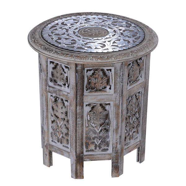 Handgefertigter Couchtisch aus Mangoholz mit Metallpr&auml;gung, Burn-Finish und kunstvoller Schnitzerei, 45x45x45cm, Wei&szlig; image number 8