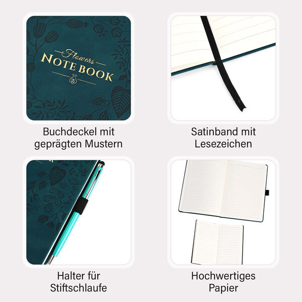 Premium Set; Notizbuch und Taschentagebuch mit geschnitztem, samtigem Hardcover und Kugelschreiber, Grün image number 3
