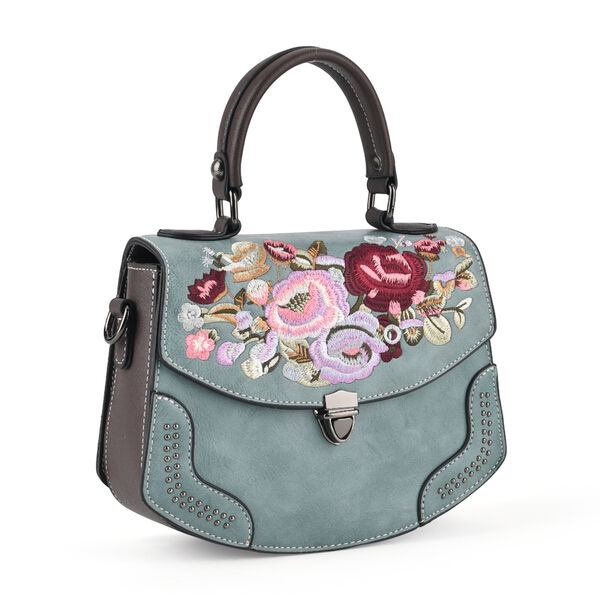Kompakte Kunstprint Crossbody Tasche mit floralem Design, 23x9x17cm, Petrol image number 7