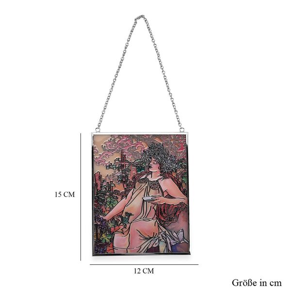 Handbemalter Glas Suncatcher mit Kette, silberfarbenem Rahmen, Alphonse Mucha Motiv Herbst, 12x15 cm image number 8