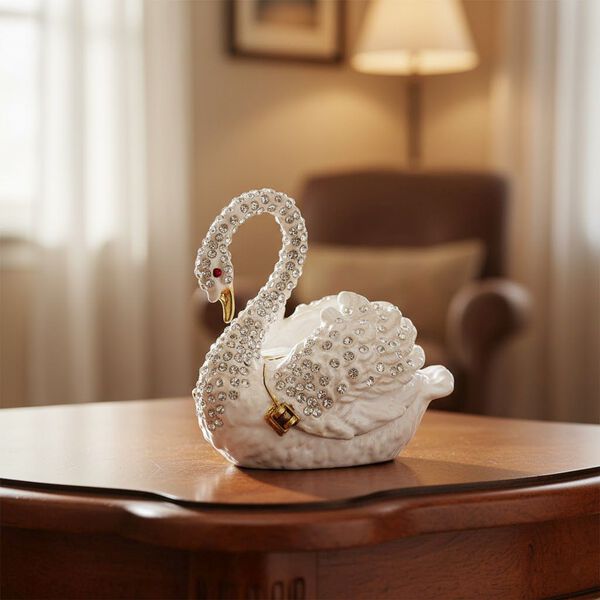 " Swan shape Trinket Storage Box - white Material: Alloy + diamond size: 7*4.5*6cm  " image number 2