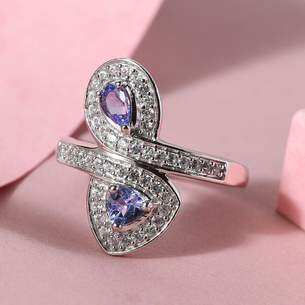 Tansanit und Zirkon Bypass Ring 925 Silber platiniert  ca. 0,93 ct image number 2