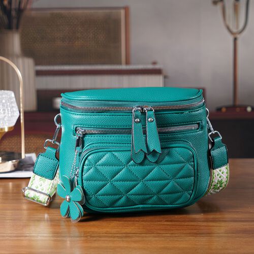 "Life style Color:Teal /Profile:cross body bag wall(exterior):PU   Lining(interior): polyester; Pockets(exterior):zipped-3,pocket-1; Pockets(interior):zipped-1,slid-1 Measurement:22*8*19 cm         " image number 1
