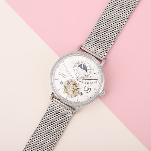 GENOA - Mondphasenuhr mit Schwungrad, Automatikwerk, weißes Ziffernblatt mit Milanese Armband im Silberton, wasserdicht image number 1