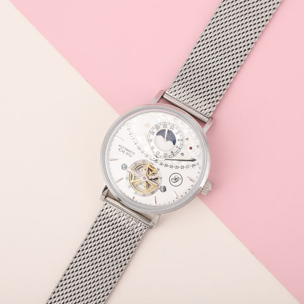 GENOA - Mondphasenuhr mit Schwungrad, Automatikwerk, wei&szlig;es Ziffernblatt mit Milanese Armband im Silberton, wasserdicht image number 1