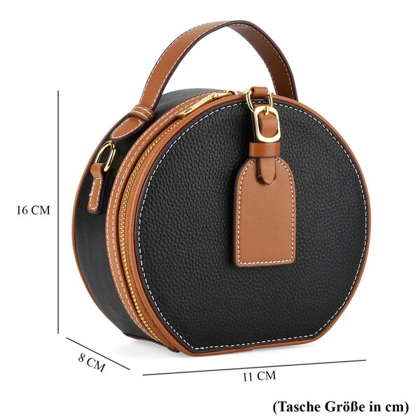 lifestyle-Color:Black with tan ;size/Profile:  Crossbody bag:wall(exterior);Genuine Leather. Lining(interior):polyester  Pockets(exterior):zipped-1;Pockets(interior):pocket-1                                Measurement:11*8*16CM image number 7