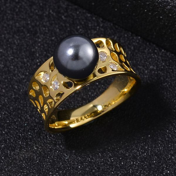 Tahiti Muschelkernperle, Moissanit Ring 925 Silber vergoldet (Größe 18.00) image number 1