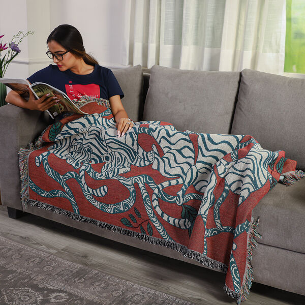 Jacquard gewebte H&auml;keldecke mit Fransen, Tigermuster, Gr&ouml;&szlig;e 130x150 cm, Rot