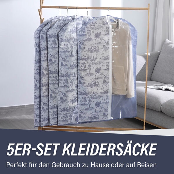 5er-Set Kleiders&auml;cke mit Sichtfenster, f&uuml;r Anz&uuml;ge und Kleider, 60x100 cm, Blau image number 1
