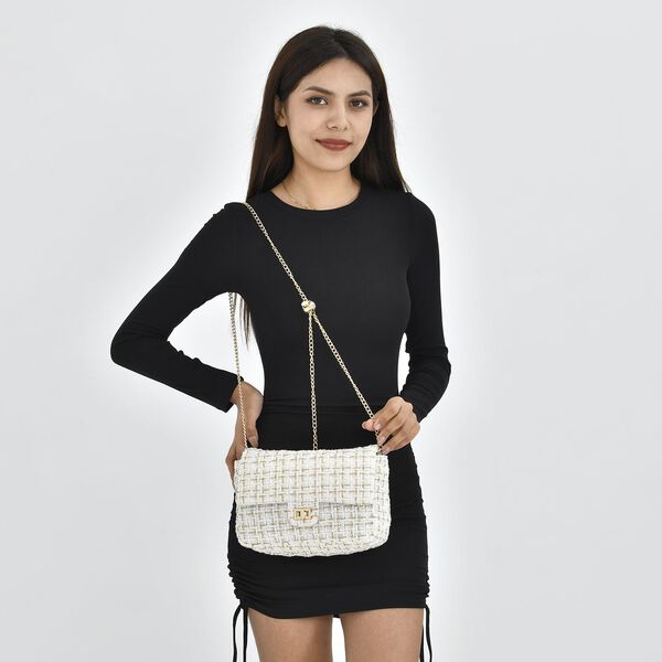 Umh&auml;ngetasche aus 100% echtem Leder mit Boucl&eacute;-Stoff, Elfenbein image number 2